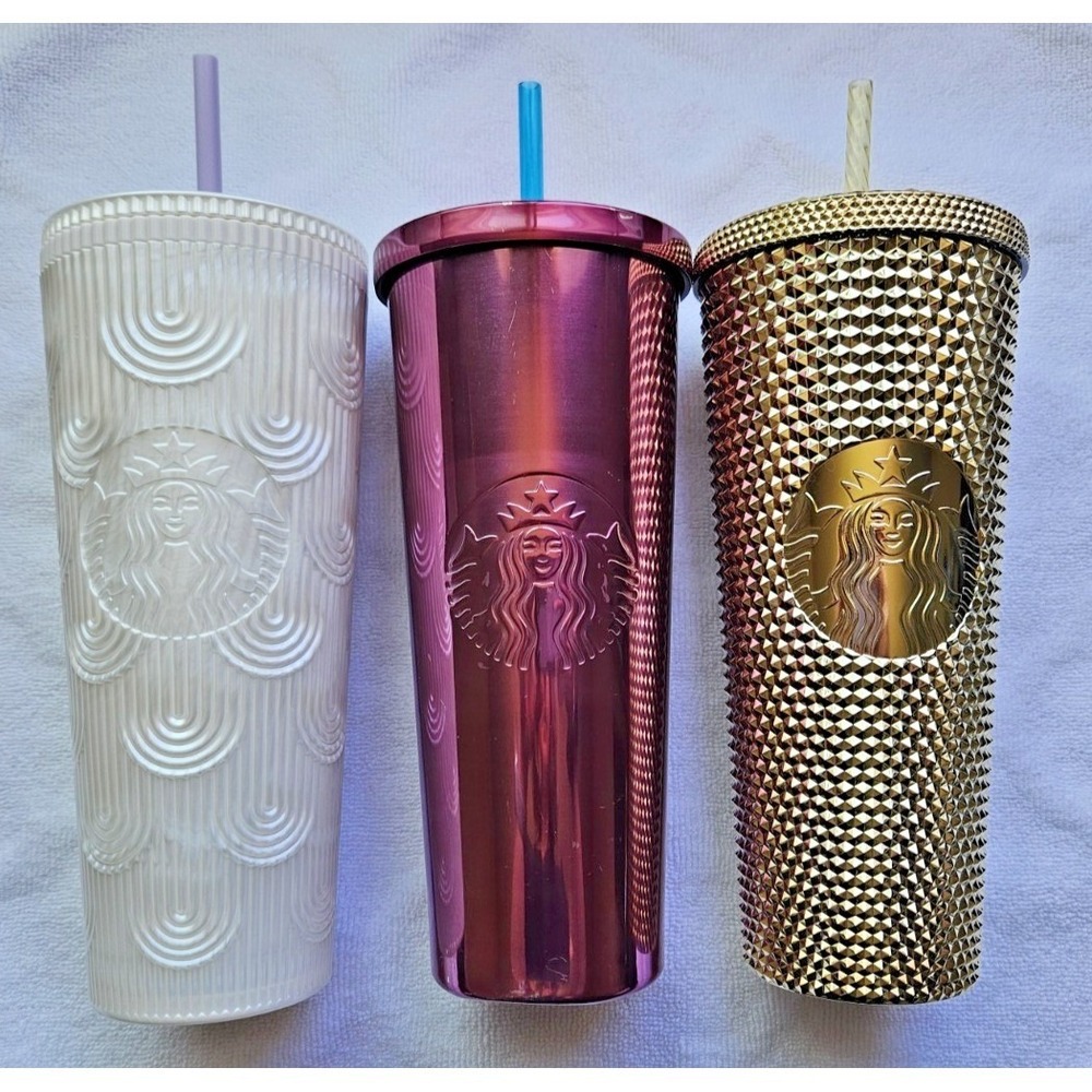 Lot of 3 Starbucks 24 oz Tumblers w/straw Cold Cup Venti Rare Collectable